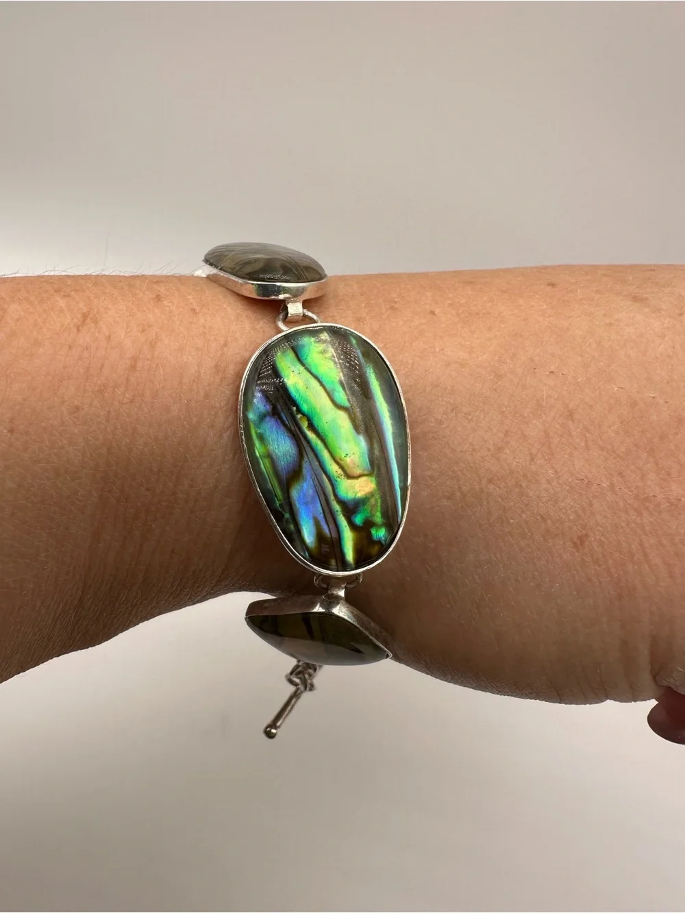 Lucas Lameth 925 Silver Abalone Stone Chain Link Ladies Toggle Bracelet